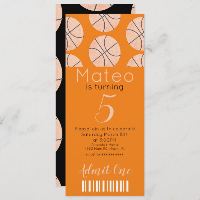 Modern Basketball Pattern  Ticket Style Party   In Invitation (Front/Back)