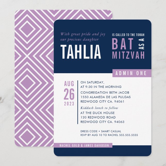 MODERN BAT MITZVAH bold block navy blue purple Invitation (Front/Back)