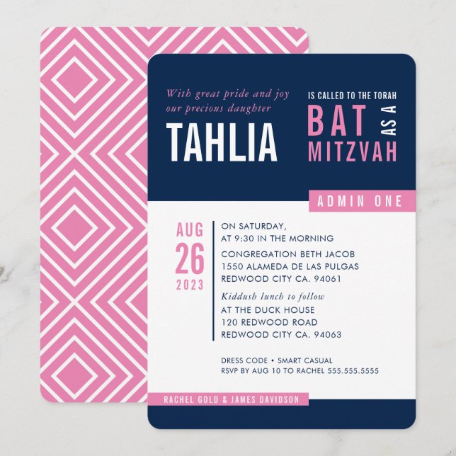 MODERN BAT MITZVAH bold block navy pink white Invitation (Front/Back)