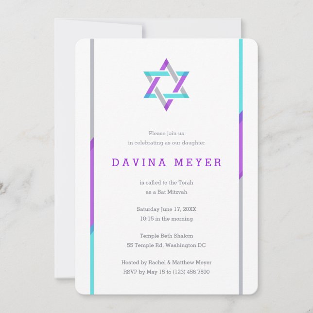 Modern Bat Mitzvah Invitations | Purple + Teal (Front)