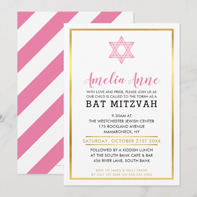 MODERN BAT MITZVAH INVITE gold pink jewish star (Front/Back)