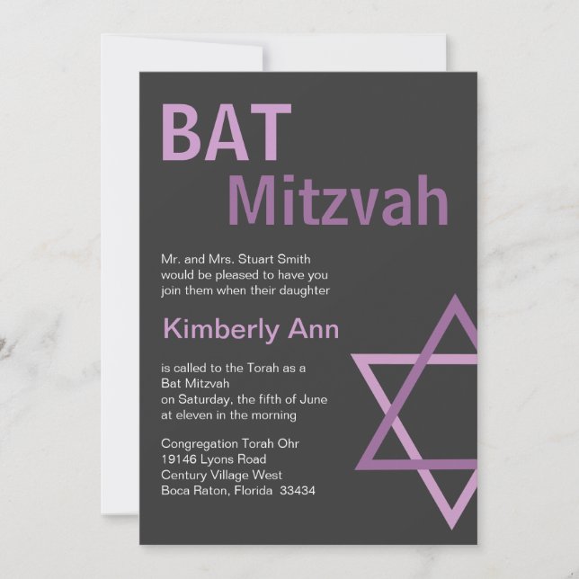 Modern Bat Mitzvah Invitiation- Dark Grey & pink Invitation (Front)