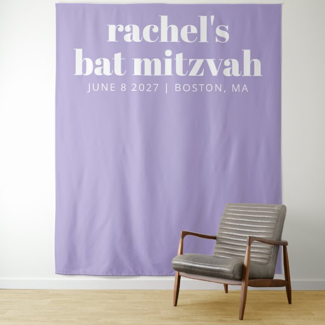 Modern Bat Mitzvah Purple Custom Photo Backdrop Tapestry (In Situ)