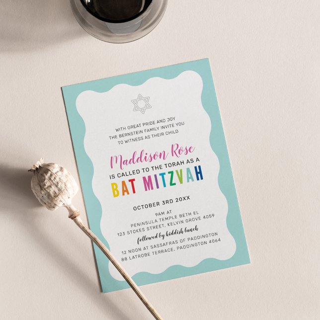 MODERN BAT MITZVAH rainbow colours wavy border min Invitation (Creator Uploaded)