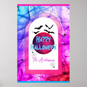 Modern Bats Spider Web Full Moon Happy Halloween Poster