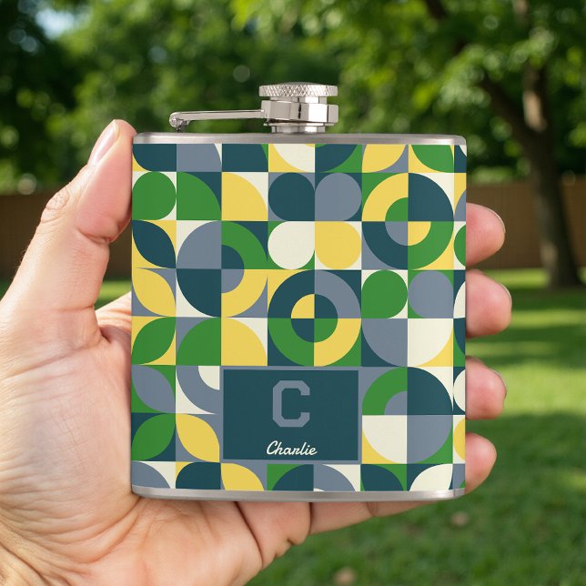 Modern Bauhaus Abstract Geometric Monogram Pattern Hip Flask (Creator Uploaded)