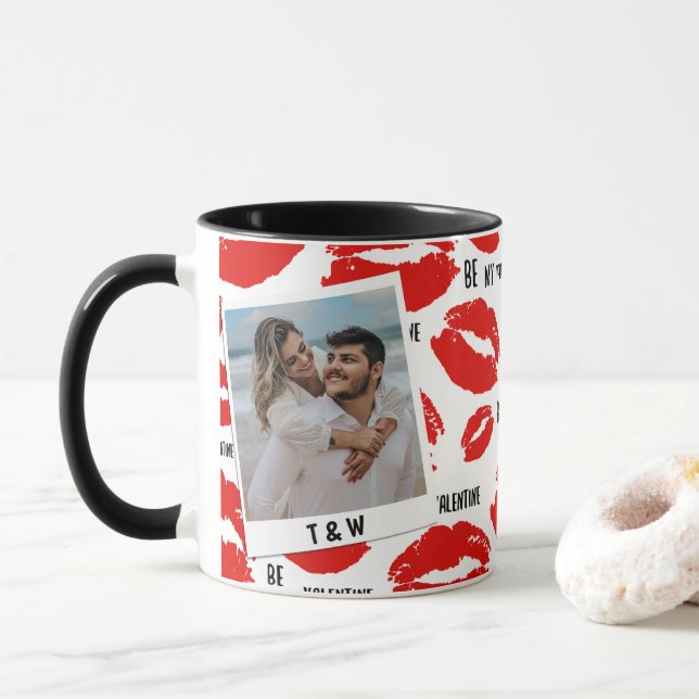 Modern Be My Valentines Lips Couple Photo Initial  Mug (With Donut)