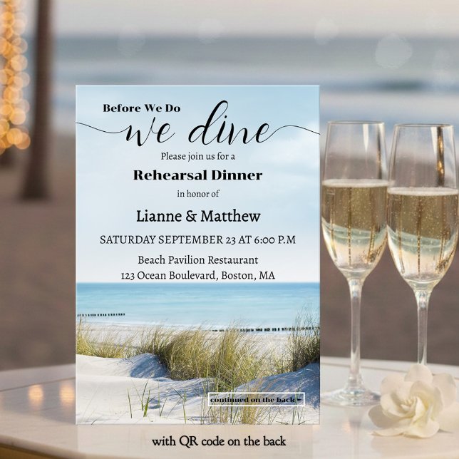 Modern Beach and Dunes Rehearsal Dinner Invitation (Modern rehearsal dinner invitation featuring dunes overlooking a beach. With QR code template)