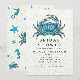 Modern Beach Blue Crab Starfish Bridal Shower Invitation