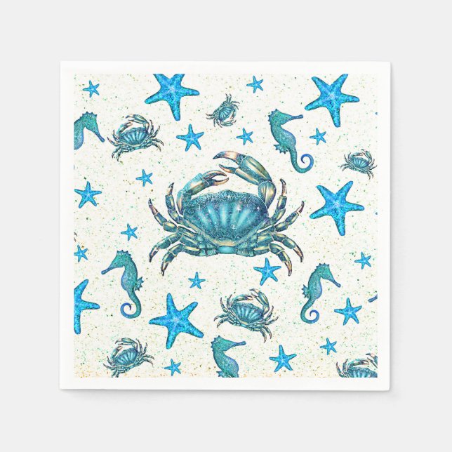 Modern Beach Blue Crab Starfish Seahorse Party Napkin (Front)