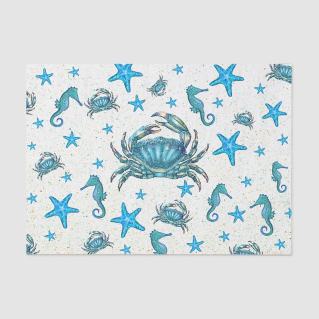 Modern Beach Blue Crab Starfish Seahorse Party Tissue Paper (Front)