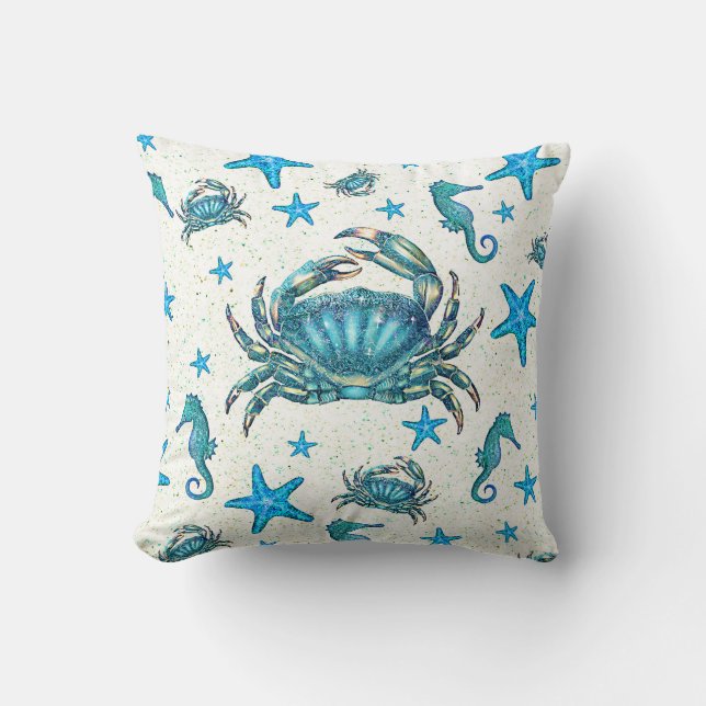 Modern Beach Blue Crab Starfish Seahorse Sparkle Cushion (Front)