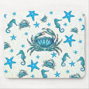 Modern Beach Blue Crab Starfish Seahorse Sparkle Mouse Mat