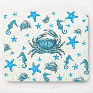 Modern Beach Blue Crab Starfish Seahorse Sparkle Mouse Mat