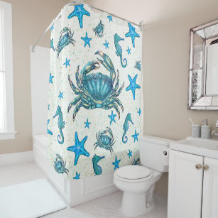 Modern Beach Blue Crab Starfish Seahorse Sparkle Shower Curtain