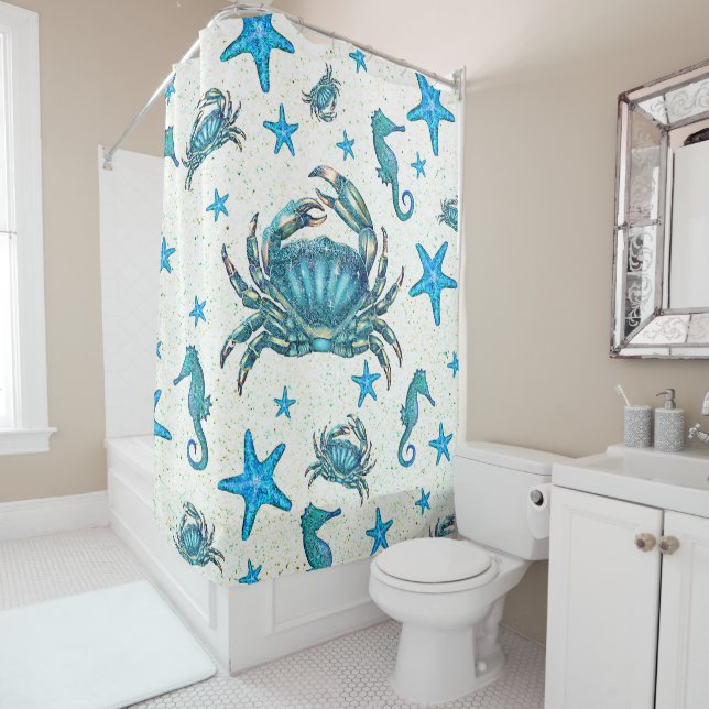 Modern Beach Blue Crab Starfish Seahorse Sparkle Shower Curtain (In Situ)