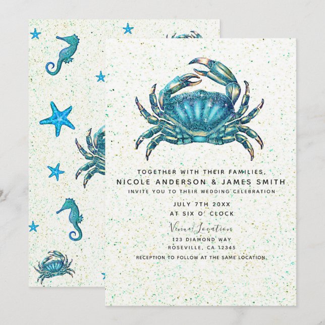 Modern Beach Blue Crab Starfish Seahorse Wedding Invitation (Front/Back)