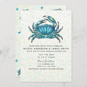Modern Beach Blue Crab Starfish Seahorse Wedding Invitation