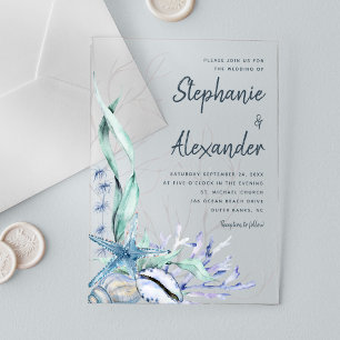 Modern Beach Blue Watercolor Wedding Acrylic Invitations