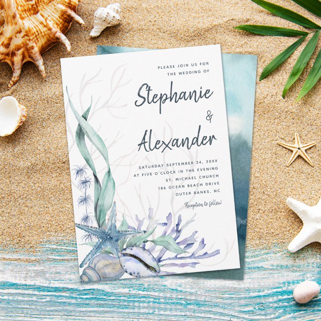 Modern Beach Blue Watercolor Wedding Invitation (Creator Uploaded)
