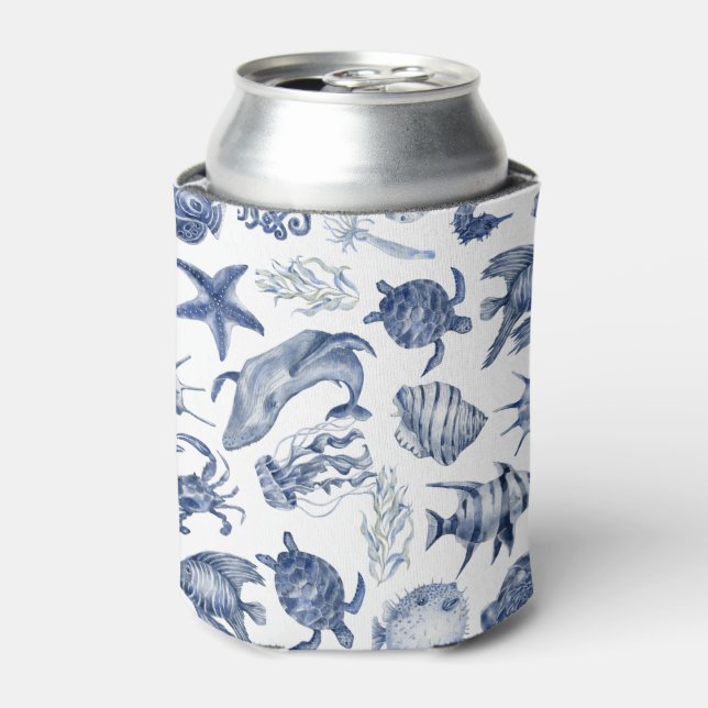 Modern Beach Coastal Watercolor Wedding Blue Can Cooler (Can Front)