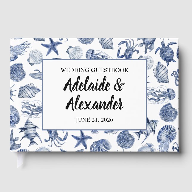Modern Beach Coastal Watercolor Wedding Blue Guest Book (Front)