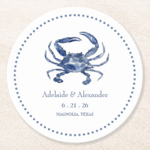 Modern Beach Coastal Watercolor Wedding Blue Round Paper Coaster