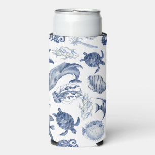 Modern Beach Coastal Watercolor Wedding Blue Seltzer Can Cooler