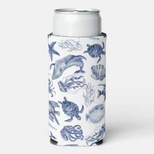 Modern Beach Coastal Watercolor Wedding Blue Seltzer Can Cooler