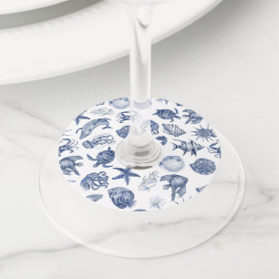 Modern Beach Coastal Watercolor Wedding Blue Wine Glass Tag