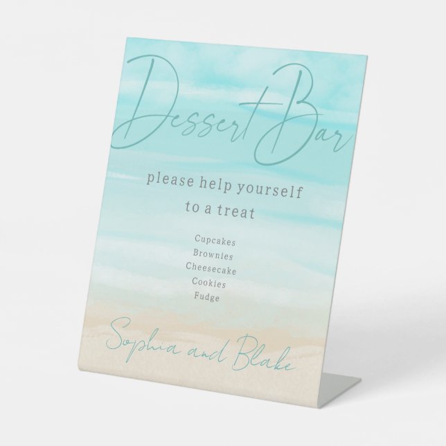 Modern Beach Dessert Bar Wedding Pedestal Sign (Front)