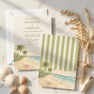 Modern Beach Destination Wedding Sage Green Stripe Invitation