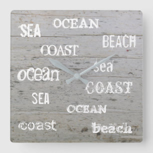 Modern beach driftwood ocean handwritten script square wall clock