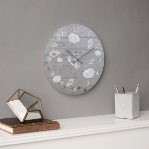Modern beach driftwood ocean sea shells large clock