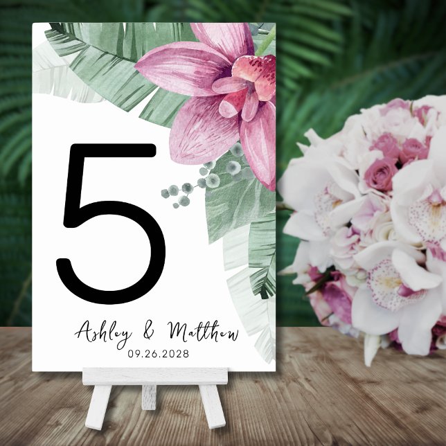 Modern Beach Floral Tropical Wedding Table Number (Modern Beach Palm Pink Floral Tropical Wedding Table Number)