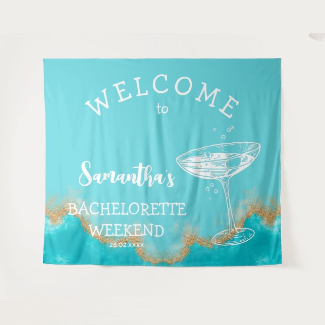 Modern Beach Gold Turquoise blue Bachelorette Tapestry (Front (Horizontal))