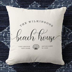 Modern Beach House Family Name Script Location Cushion