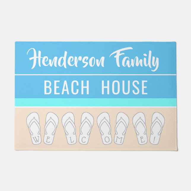 Modern Beach House Family Name Vacation Home Doormat (Front)