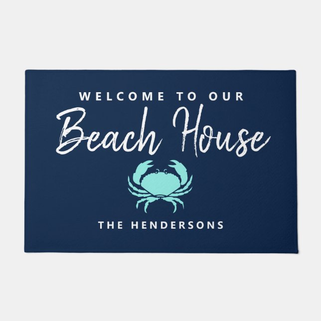 Modern Beach House Nautical Blue Teal Crab Name Doormat (Front)