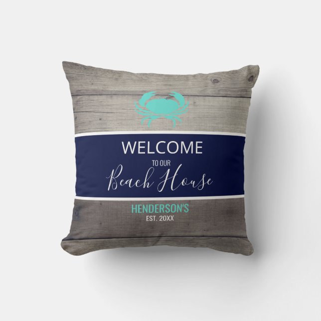 Modern Beach House Nautical Teal Blue Personalised Cushion (Front)