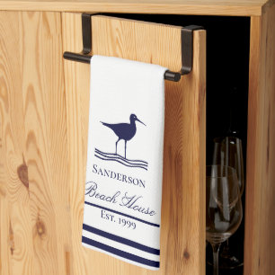 Modern Beach House White Navy Blue Sandpipers  Tea Towel