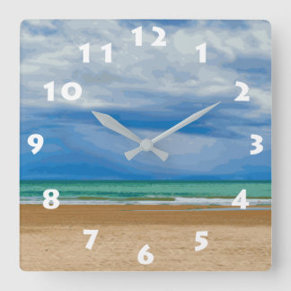 MODERN BEACH ILLUSTRATION WITH WHITE NUMBERS SQUARE WALL CLOCK