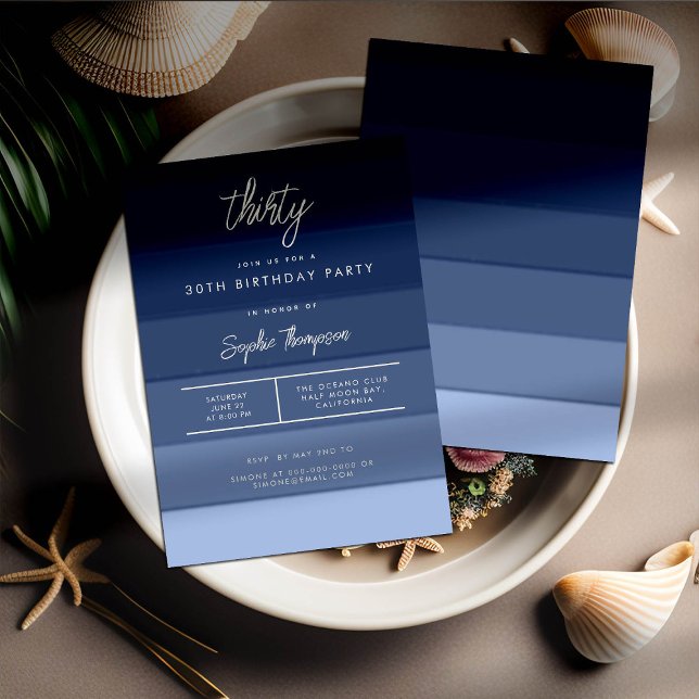 Modern Beach Nautical Navy Stripes 30th Birthday Invitation (Creator Uploaded)