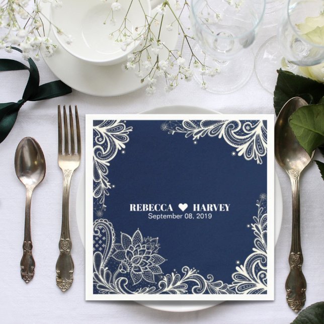 modern beach nautical white lace navy blue wedding napkin (modern beach nautical white lace navy blue wedding napkins)