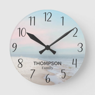 Modern Beach Ocean Blue Pink Sky Round Clock