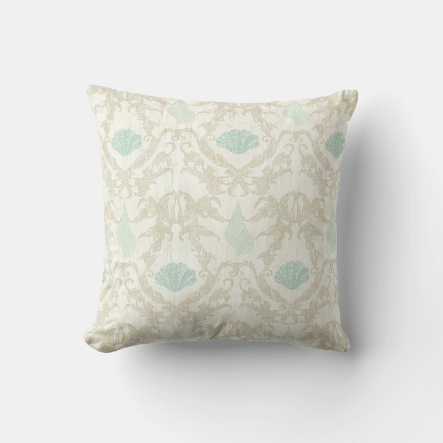 Modern Beach Ocean Coastal Wood Damask Sea Shells Cushion (Front)