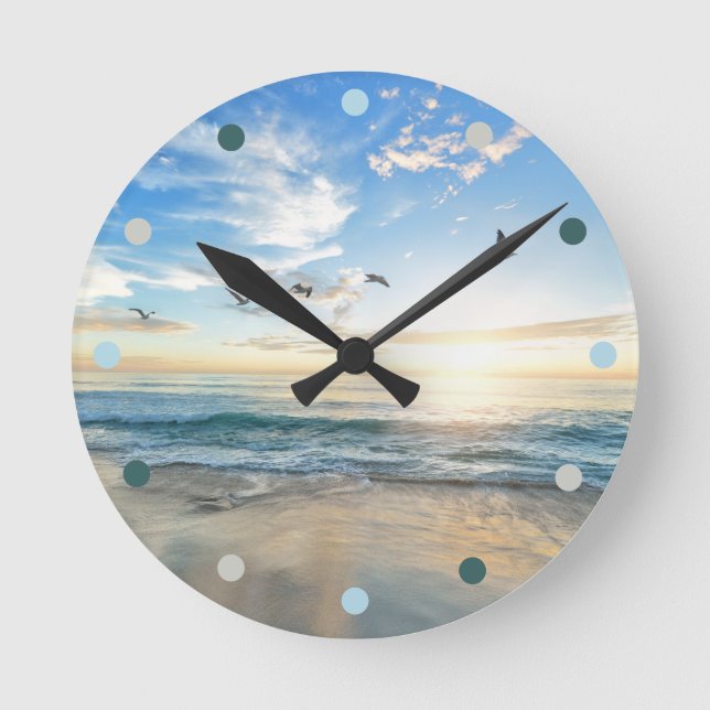 Modern Beach Ocean Waves Round Clock (Front)