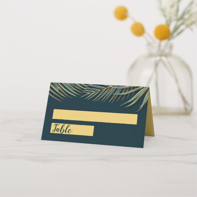 Modern Beach Palm Gold Teal Green Tropical Wedding Place Card (Front)