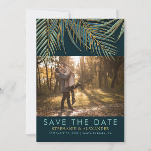 Modern Beach Palm Gold Teal Green Tropical Wedding Save The Date
