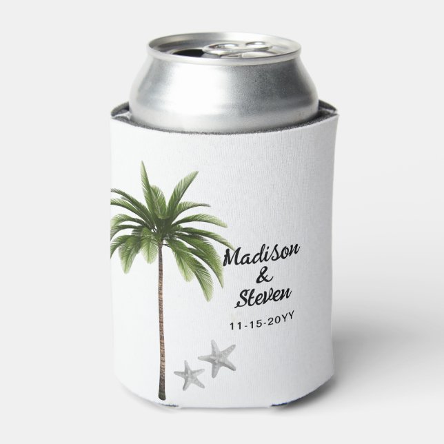 Modern Beach Palm Tree Wedding Favour  Can Cooler (Can Front)
